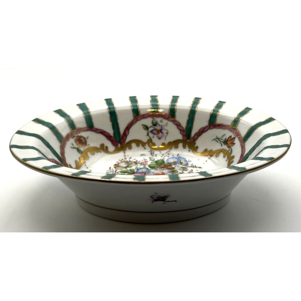 Vtg Paris Royal Hand Painted Porcelain Oval Trainket Dish Floral Gold Green 6"